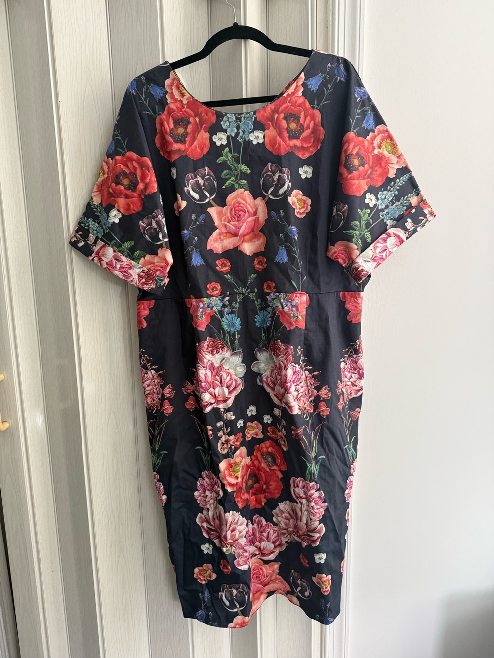 ASOS Black Midi Dress with Pink and Coral Floral Print Sz 18